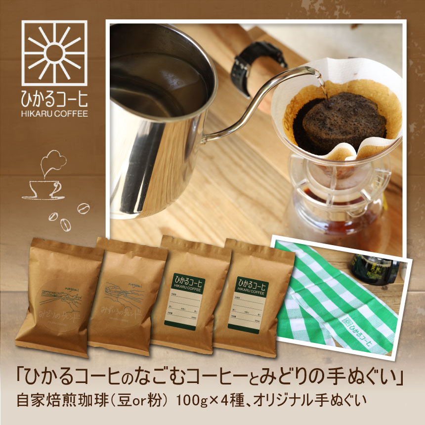ふるさと納税 コーヒー 自家焙煎珈琲豆 自家焙煎珈琲粉 ひかるコーヒ なごむコーヒー 100g 4種 オリジナル 手ぬぐい 付き ドリップ こだわり 本格 国産 熊本県 和水町 コロンビア ブラジル グアテマラ 3r Mozambique Com