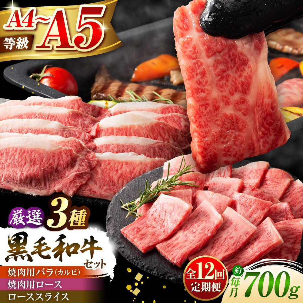【ふるさと納税】【全12回定期便】くまもと黒毛和牛「藤彩牛」厳選3種の食べ比べ計700g 3902 / 熊本県 菊陽町 肉 にく 新鮮 お祝 ギフト 贅沢 誕生日 ご褒美 厳選 牛 焼肉 カルビ ロース スライス 焼肉セット 食べ比べ 定期便 A4 A5 【株式会社フジチク】[BHAD044]｜熊本県菊陽町