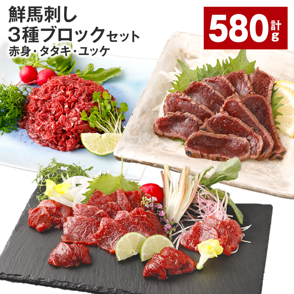 【ふるさと納税】鮮馬刺し 3種ブロックセット（赤身&times;4・タタキ&times;2・ユッケ&times;2） 計580g 馬刺し 馬肉 お肉 肉 塩コショウ 塩胡椒 ニンニク ポン酢 タレ付き 冷凍 熊本県 高森町 送料無料｜熊本県高森町