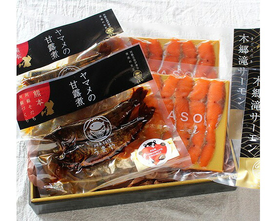 【ふるさと納税】奥阿蘇の清流せせらぎセットB やまめの甘露煮 木郷滝サーモン 各2パック 合計4パック 詰め合わせ 山女 甘露煮 ニジマス 加工品 生食用 サーモン 魚 虹鱒 国産 九州産 熊本県産 冷凍 送料無料｜熊本県高森町