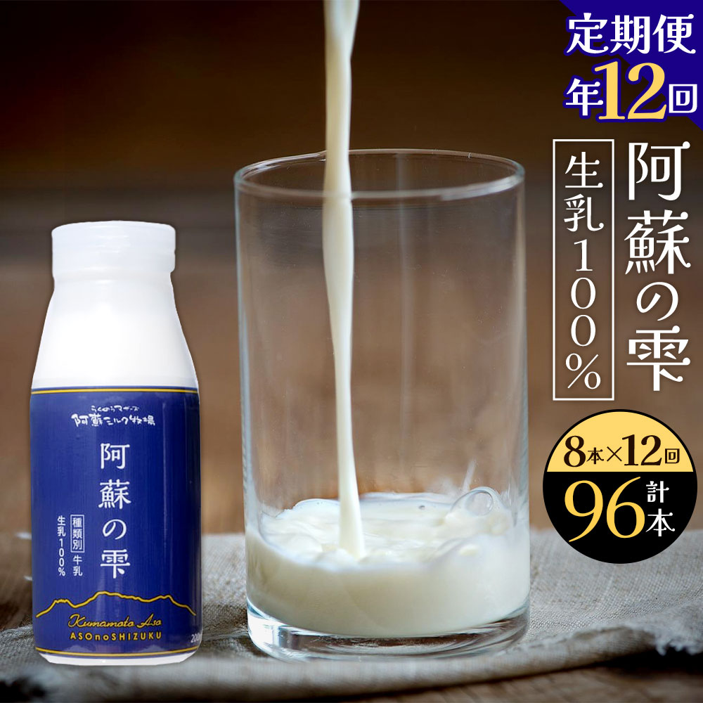 【ふるさと納税】【12回定期便】阿蘇の雫 牛乳 200ml&times;8本セット 合計96本 合計1.6L&times;12回 ミルク 生乳100％使用 乳飲料 ドリンク 飲み物 ボトル 定期便 熊本県産 国産 冷蔵 送料無料｜熊本県西原村