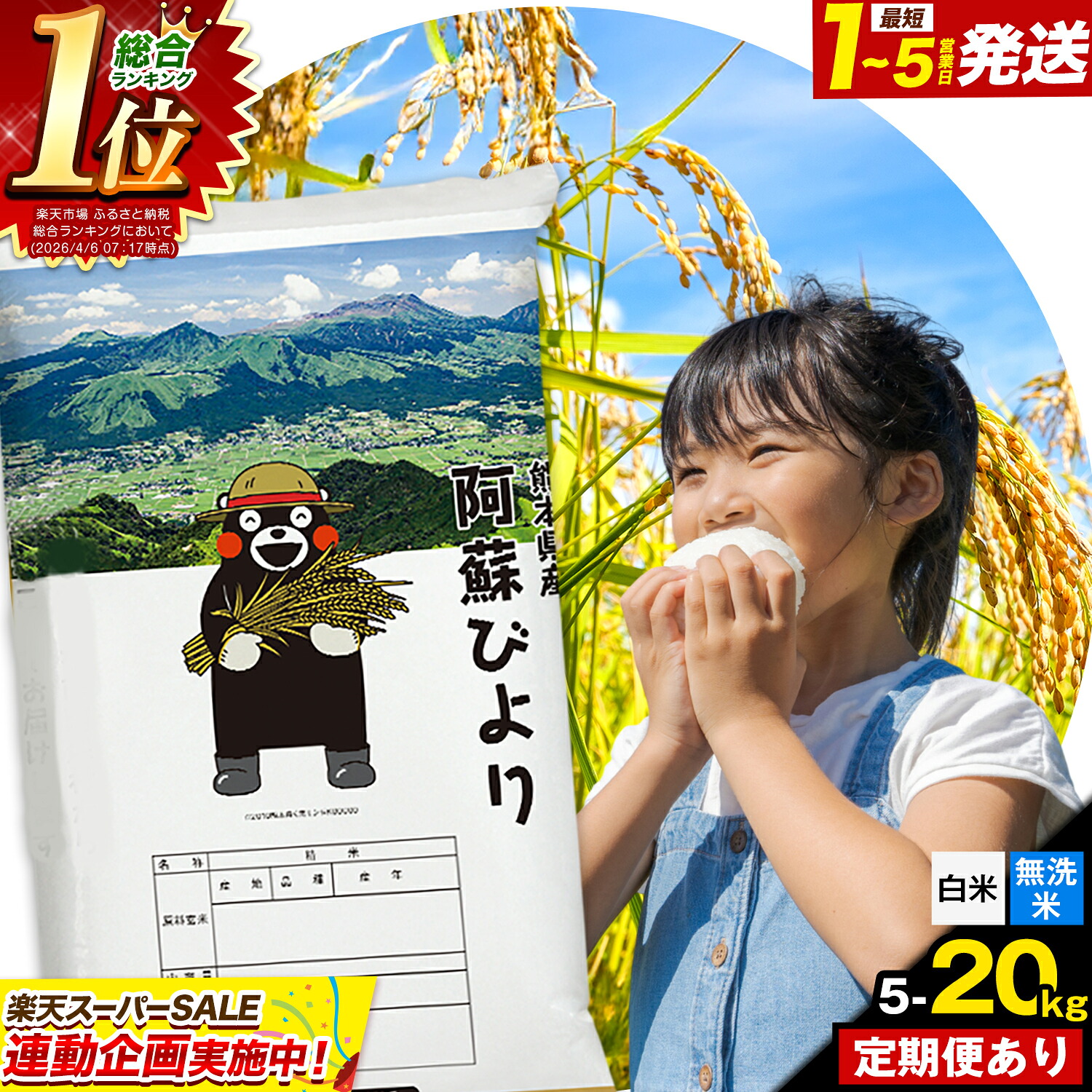 【ふるさと納税】【寄附額改定】高レビュー 米 無洗米 ランキング 1位 訳あり 定期便  米 コメ こめ ふるさと納税 むせんまい 阿蘇びより あそ 楽天スーパーSALE お買い物マラソン 5kg 10kg 20kg 定期便 12ヶ月 隔月6回《出荷時期をお選びください》：熊本県南阿蘇村