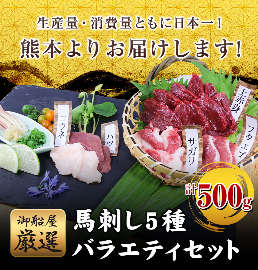 注文割引 馬刺し5種バラエティーセット 500g 御船屋《30日以内に順次出荷 土日祝除く 》馬刺し 馬肉 上赤身馬刺し ハツ サガリ フタエゴ馬刺し  コウネ 醤油 生姜 ショウガ fucoa.cl