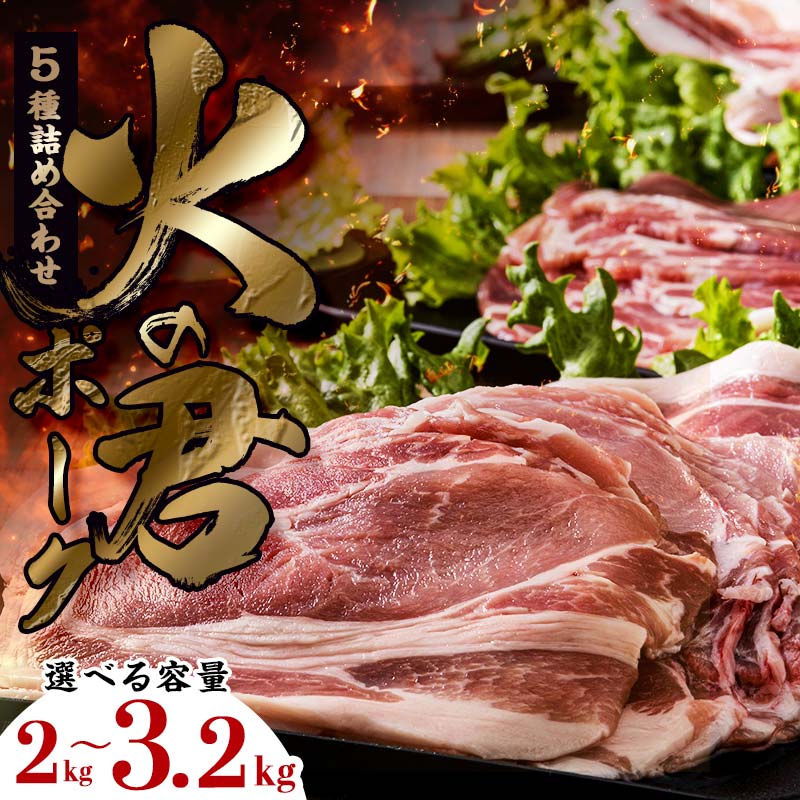 【ふるさと納税】《容量が選べる》 【数量限定】熊本県産 火の君ポーク・・ 5種詰合せ 約2kg／約3.2kg 豚こま 豚コマ ロース バラ 肉 豚肉しゃぶしゃぶ 生姜焼き 豚汁 弁当 焼肉 ストック 便利 FK7-0020var