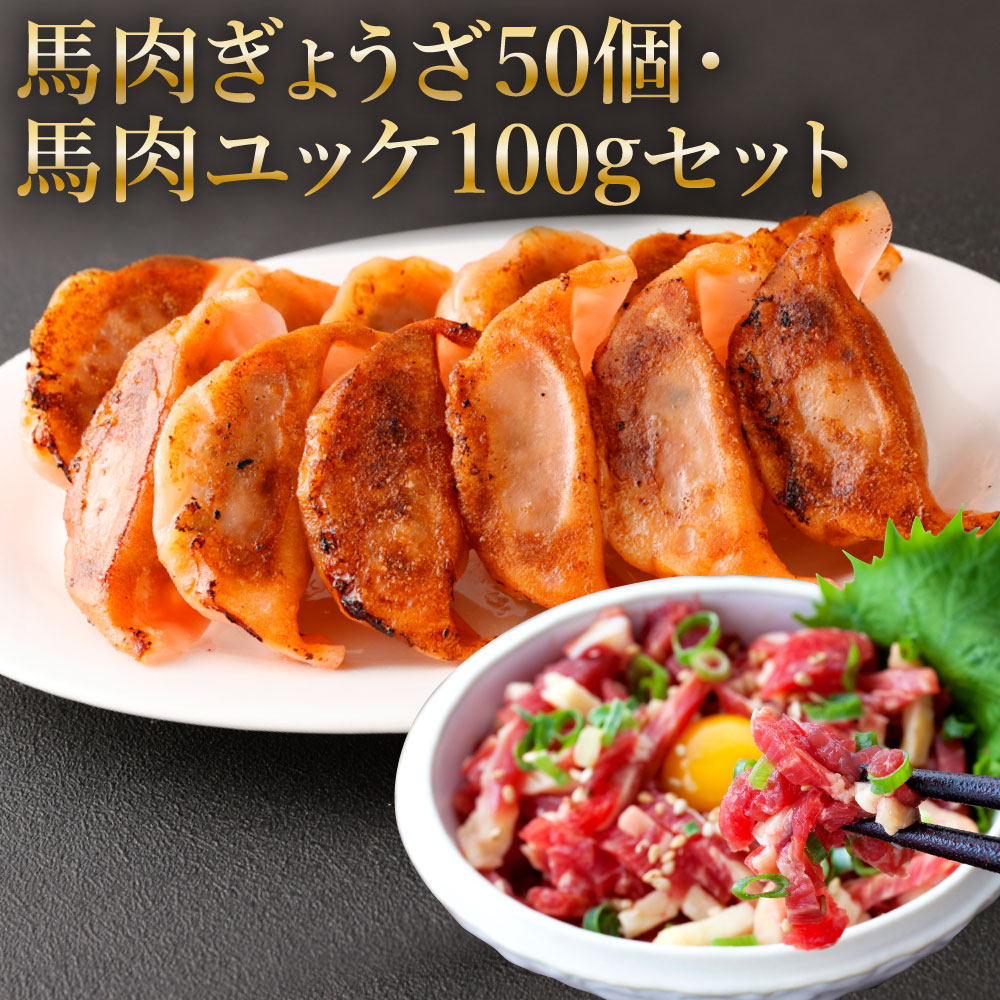 公式の 熊本 馬刺し 馬肉ぎょうざ50個 馬肉ユッケ100g 50ｇ×2袋 セット ユッケたれ付き 2袋 馬刺 ばさし 馬肉 馬 ユッケ 餃子  ギョウザ ぎょうざ 刺身 冷凍 熊本県 送料無料 fucoa.cl