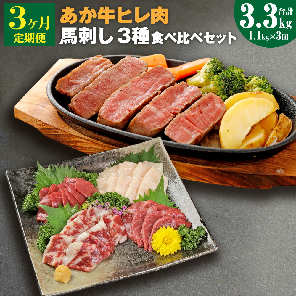 市場 ふるさと納税 熊本県産あか牛ヒレ肉 ヒレ肉 食べ比べセット 合計900g 馬刺し 3ヶ月定期便 合計2.4kg