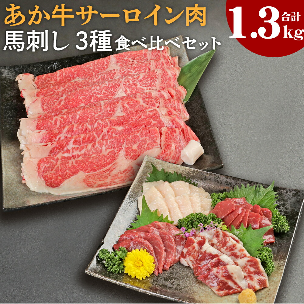 倉庫 あか牛 すきやき しゃぶしゃぶ用 サーロイン肉 馬刺し 食べ比べセット 総合計1.3kg サーロイン 合計1kg スライス 合計300g  赤身100g 霜降り100g たてがみ100g 牛肉 食べ比べ 熊本県産 九州産 国産 冷凍 送料無料