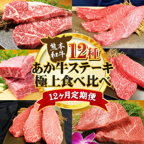 【ふるさと納税】【12ヶ月定期便】あか牛 ステーキ 12種 極上 食べ比べ 定期便 12回《お申込み月の翌月から出荷開始》有限会社 三協畜産 サーロイン ランプ 肩ロース イチボ 三角バラ カイノミ ミスジ クリミ ザブトン シャトーブリアン リブロース モモ あか牛のたれ付き画像
