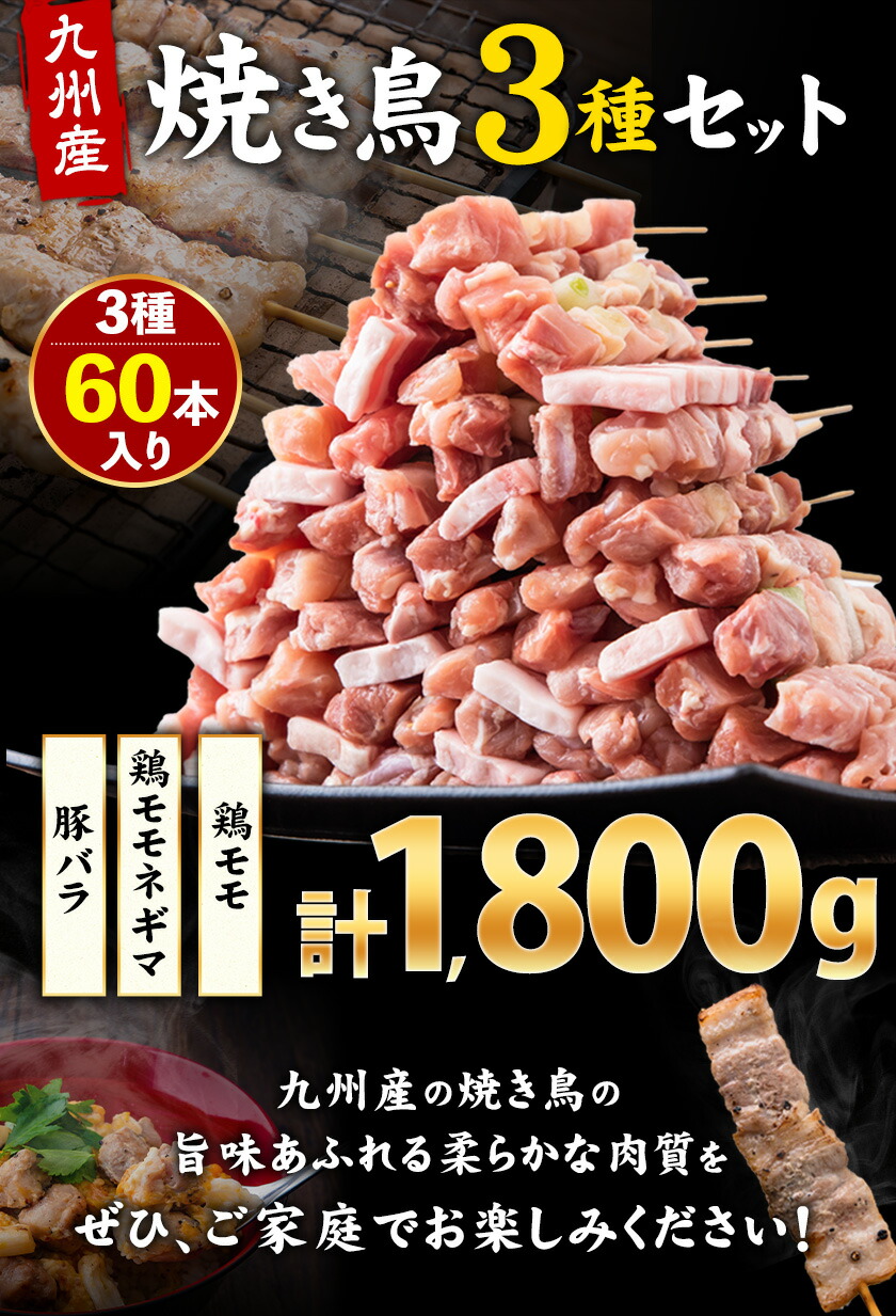 九州産焼き鳥3種セット串60本1800g 10本入×6パック 《90日以内に順次出荷 豚バラ ネギマ 》熊本県 葦北郡 土日祝を除く 鶏肉 豚肉  ナンキューフーズ株式会社 鶏モモ 津奈木町