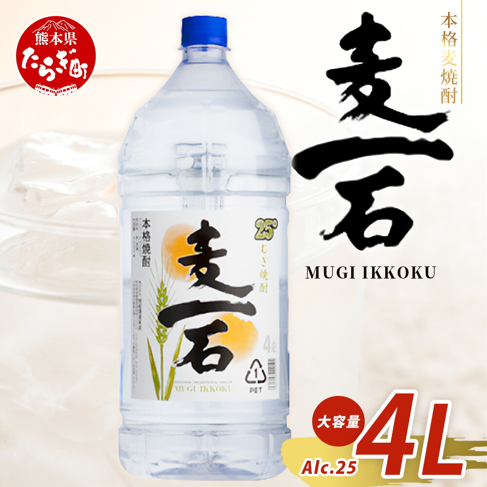 【ふるさと納税】メガボトル！ 純 麦焼酎【麦一石】4L エコペット 25度 焼酎 蔵元直送【発送時期が選べる】4リットル パーティサイズ 麦 酒 麦麹 焼酎 大容量 熊本 球磨 焼酎 多良木町 米麹 国産 常温 スッキリ マイルド 熊本県 多良木町 送料無料