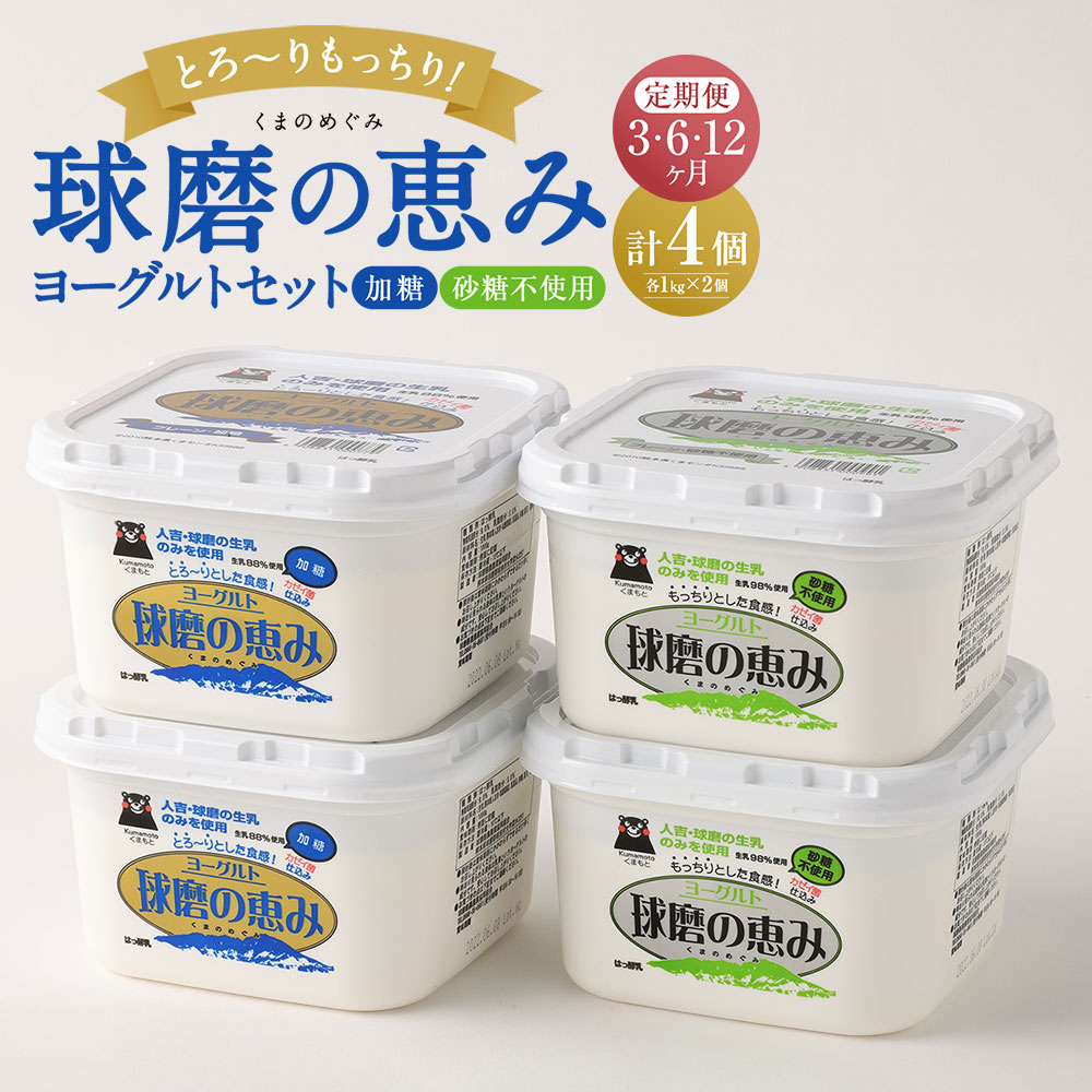 【ふるさと納税】【3・6・12ヶ月定期便】とろ～りもっちり 球磨の恵みヨーグルトセット 送料無料 36000円 ～ 144000円 3万6000円 ～ 14万4000円 乳製品 ヨーグルト 乳酸菌 健康 免疫力 加糖・砂糖不使用各1kgx2個 計4個｜熊本県湯前町