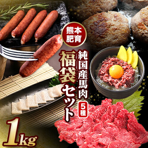 純国産馬肉5種 福袋 セット 計1kg 熊本肥育 2年連続農林水産大臣賞受賞 送料無料 上赤身馬刺し100g たてがみ50g 馬とろ150g 馬ソーセージ500g 燻製 霜降り ハン馬ーグ200g(2個入り) タレ付き 熊本県山江村《60日以内に順次出荷(土日祝除く)》