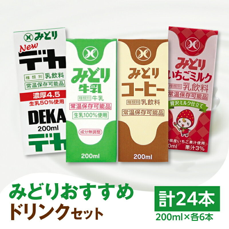 【ふるさと納税】みどりおすすめドリンクセット 200ml×24本 九州乳業 飲み比べ 紙パック みどり牛乳 コーヒー いちごミルク デカ 乳脂肪4.5% 生乳100% ミルクコーヒー カフェオレ 珈琲 イチゴ 乳飲料 飲み物 お出かけ 学校給食 常温保存可能 九州産 セット 牛謬I07002|大分県大分市