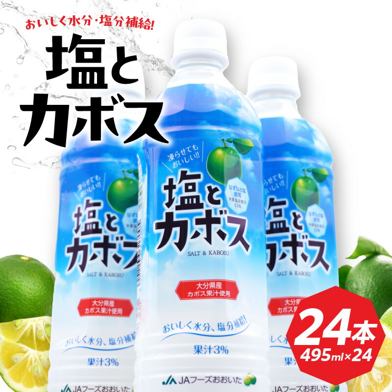 【ふるさと納税】塩とカボス 495ｍｌ&times;24本 熱中症対策 ジュース カボス かぼす スポーツドリンク かぼす果汁 柑橘 はちみつ入り 酸味 水分補給 ペットボトル ケース 箱買い まとめ買い 送料無料 甘さ ほどよい さわやか お取り寄せ 夏 熱中症予防 常温保存 冷凍 I02059｜大分県大分市
