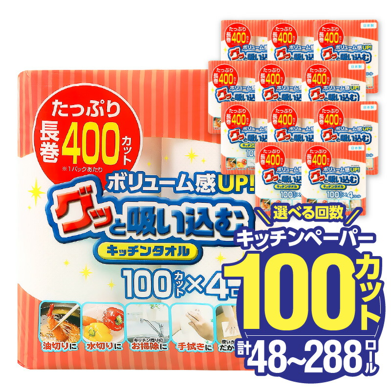 【ふるさと納税】〈しっかり吸収やぶれにくい!〉グッと吸い込むキッチンタオル100カット(4ロール×12パック)【選べる回数】 1回~ 日本製 キッチンペーパー ペーパータオル 大容量 まとめ買い 消耗品 日用品 電子レンジ 破れにくい 吸水力 長持ち 揚げ物 料理 掃除 R14030|大分県大分市