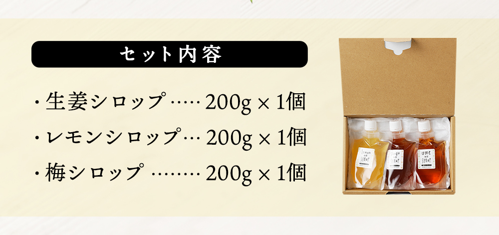 ふるさと納税 3種の味がたのしめる シロップセット 生姜 レモン 梅 3種 0g 各1個 合計3個 シロップ 調味料 国産 送料無料 septicin Com