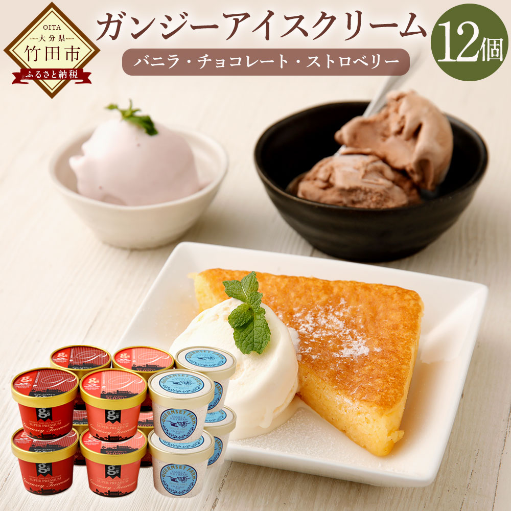 【ふるさと納税】ガンジーアイス 12個セット バニラ&times;4 チョコ&times;4 ストロベリー&times;4 プレミアムアイスクリーム 大分県産 ゴールデンミルク ガンジー牛 冷凍 ギフト 詰め合わせ 送料無料｜大分県竹田市