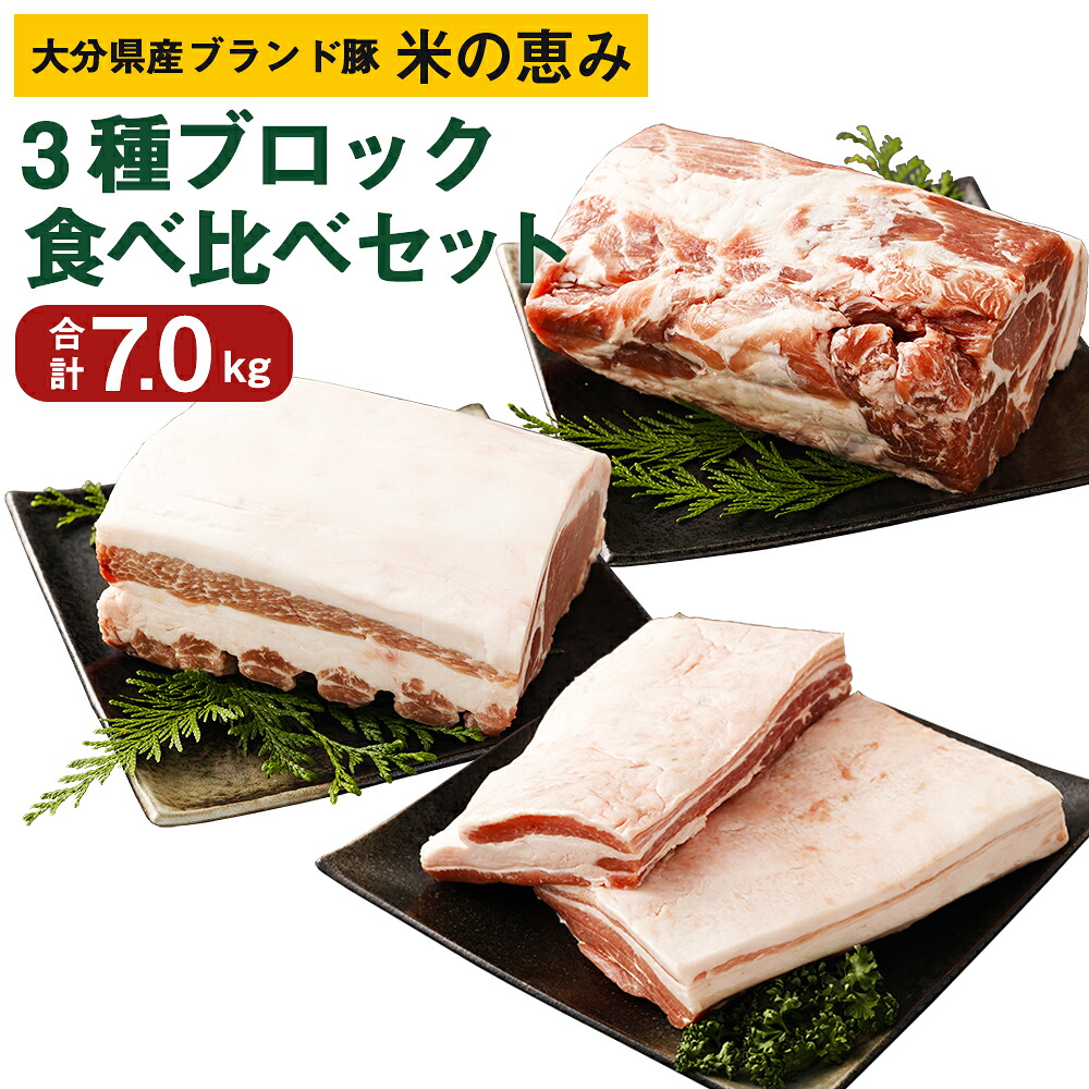 【ふるさと納税】大分県産ブランド豚 奥豊後豚（米の恵み）3種ブロック 食べ比べセット 合計7.0kg 肉 豚 豚肉 国産 定期便 ロース 肩ロース ブロック かたまり肉 角煮 チャーシュー とんかつ トンテキ BBQ キャンプ 冷凍 大分県 竹田市 送料無料