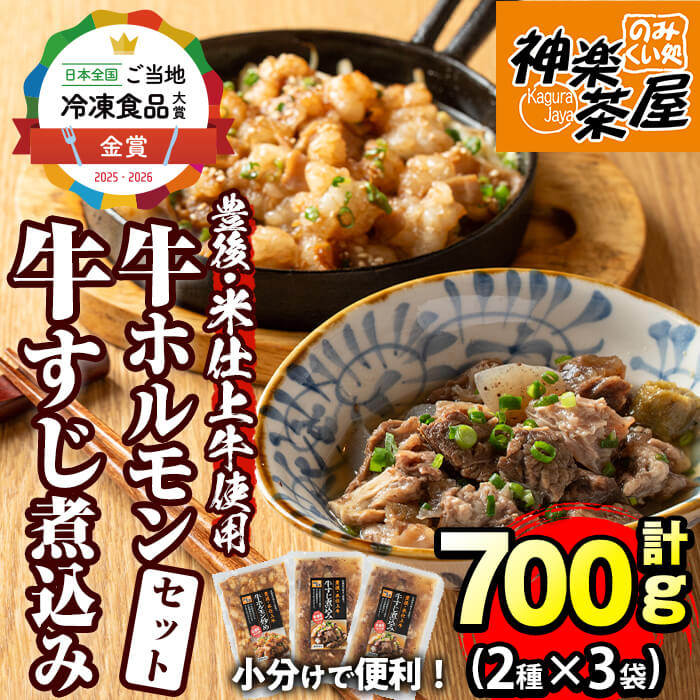 【ふるさと納税】豊後米仕上げ牛牛すじ煮込み+牛ホルモン炒めセット(合計700g・3パック)牛肉 お肉 小腸 おかず おつまみ 小分け 簡単調理 時短 惣菜【111100302】【神楽茶屋】|大分県宇佐市