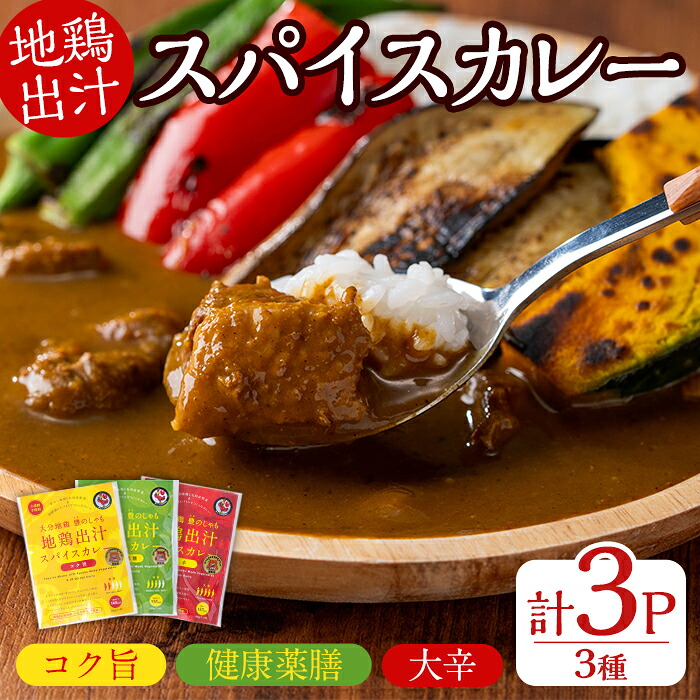 【ふるさと納税】大分地鶏豊のしゃも地鶏出汁スパイスカレー3種セット(合計540g・180g×3パック)レトルト 簡単調理 ご当地カレー【112400202】【天峯ファーム】|大分県宇佐市