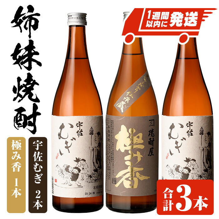 【ふるさと納税】「極み香」「宇佐むぎ」姉妹焼酎セット (合計2.16L・720ml&times;3本) 酒 お酒 麦焼酎 アルコール 飲料 常温 詰合せ 飲み比べ セット 四ツ谷酒造 スピード発送 【107305900】【時枝酒店】｜大分県宇佐市