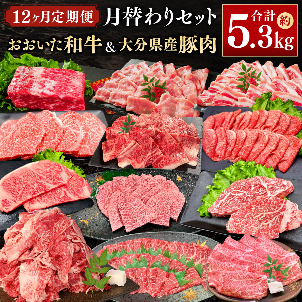 【ふるさと納税】【12ヶ月定期便】毎月替わるおおいた和牛&大分県産豚肉セット！ 合計約5.35kg 12ヶ月 おおいた和牛月替わり 牛肉 豚肉 12回 定期便 お肉 肉  1ポンドブロック ミスジ 肩ロース 赤身 ヒレ サーロイン ステーキ 切り落とし 冷凍 国産 九州産 大分県産 送料無料