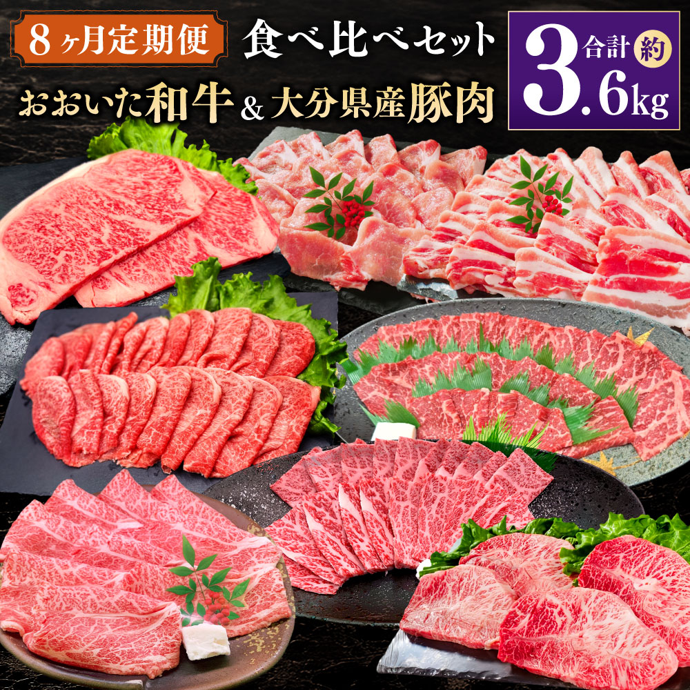 【ふるさと納税】【8ヶ月定期便】おおいた和牛・大分県産豚肉食べ比べセット 合計約3.6kg 牛肉 豚肉 食べ比べ 8回 定期便 料理 肉 サーロイン ミスジ ステーキ 上カルビ 和牛肩ロース 和牛赤身スライス 豚バラスライス 豚ローススライス 冷凍 国産 九州産 大分県産 送料無料