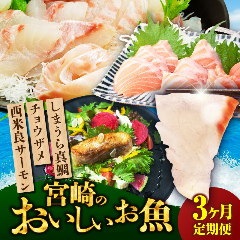 【ふるさと納税】宮崎のおいしいお魚 3ヶ月定期便 鯛 サーモン チョウザメ セット 詰め合わせ 定期便 しまうら真鯛 西米良サーモン サメ 白身魚 真鯛 鮭 鯛 シャケ サーモン 魚 魚介 魚介類 冷蔵 小分け パック 冷蔵 柵 切り身 刺身 贈答 贈り物 ギフト 水産物 人気 宮崎