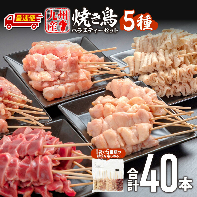 【ふるさと納税】《最短2週間以内発送》《発送時期が選べる》九州産若鶏 焼き鳥5種 合計40本 バラエティーセット 焼き鳥 串焼き セット 詰め合わせ もも せせり 皮 ぼんじり 砂肝 部位 国産 九州産 産地直送 鶏肉 BBQ 若鶏 冷凍 焼鳥セット 国産《レビューキャンペーン》