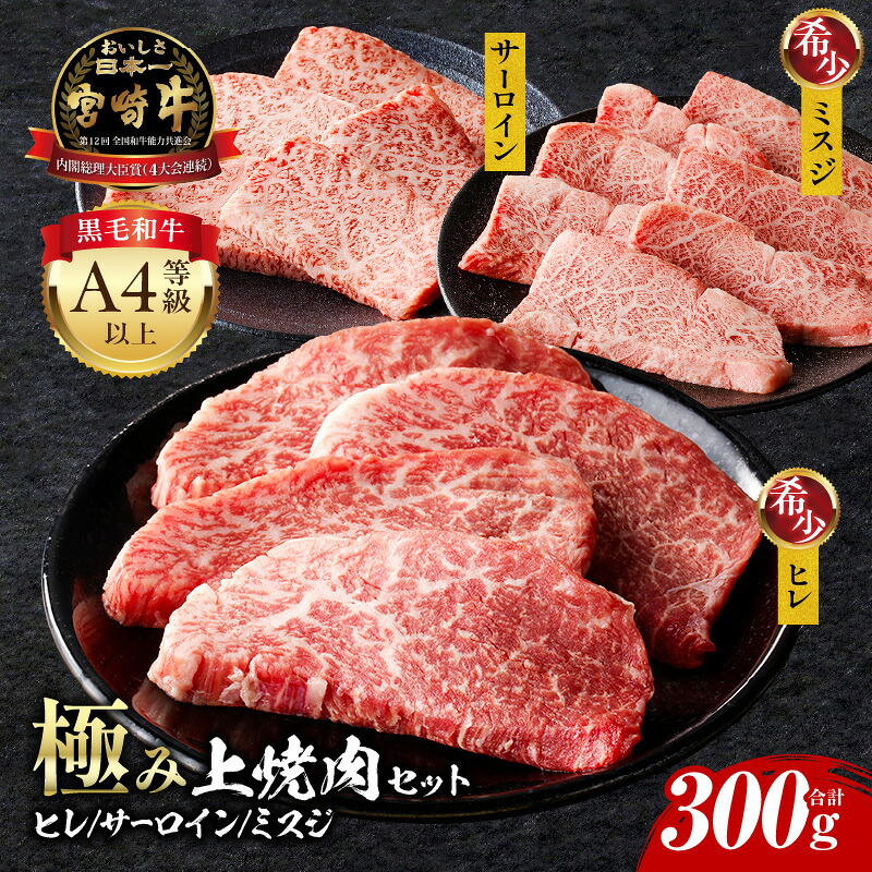 【ふるさと納税】宮崎牛 極み上焼肉セット 焼肉セット セット 詰め合わせ 食べ比べ 味比べ 牛肉 肉 お肉 赤身 赤身肉 ヒレ サーロイン ミスジ 牛ヒレ 牛サーロイン 牛ミスジ 宮崎県産 国産 黒毛和牛 和牛 ブランド牛 4等級以上 焼肉 BBQ アウトドア 宮崎県 宮崎市 送料無料 14,400円