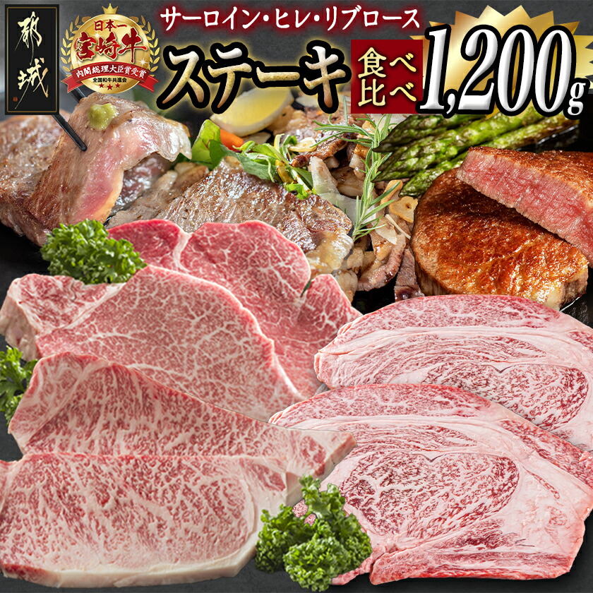 【ふるさと納税】総重量1,200g！都城産宮崎牛ステーキ食べ比べセット - 牛肉 サーロインステーキ/ヒレステーキ/リブロースステーキ ギフト 贈答用 送料無料 MM-0101【宮崎県都城市は2年連続ふるさと納税日本一！】｜宮崎県都城市