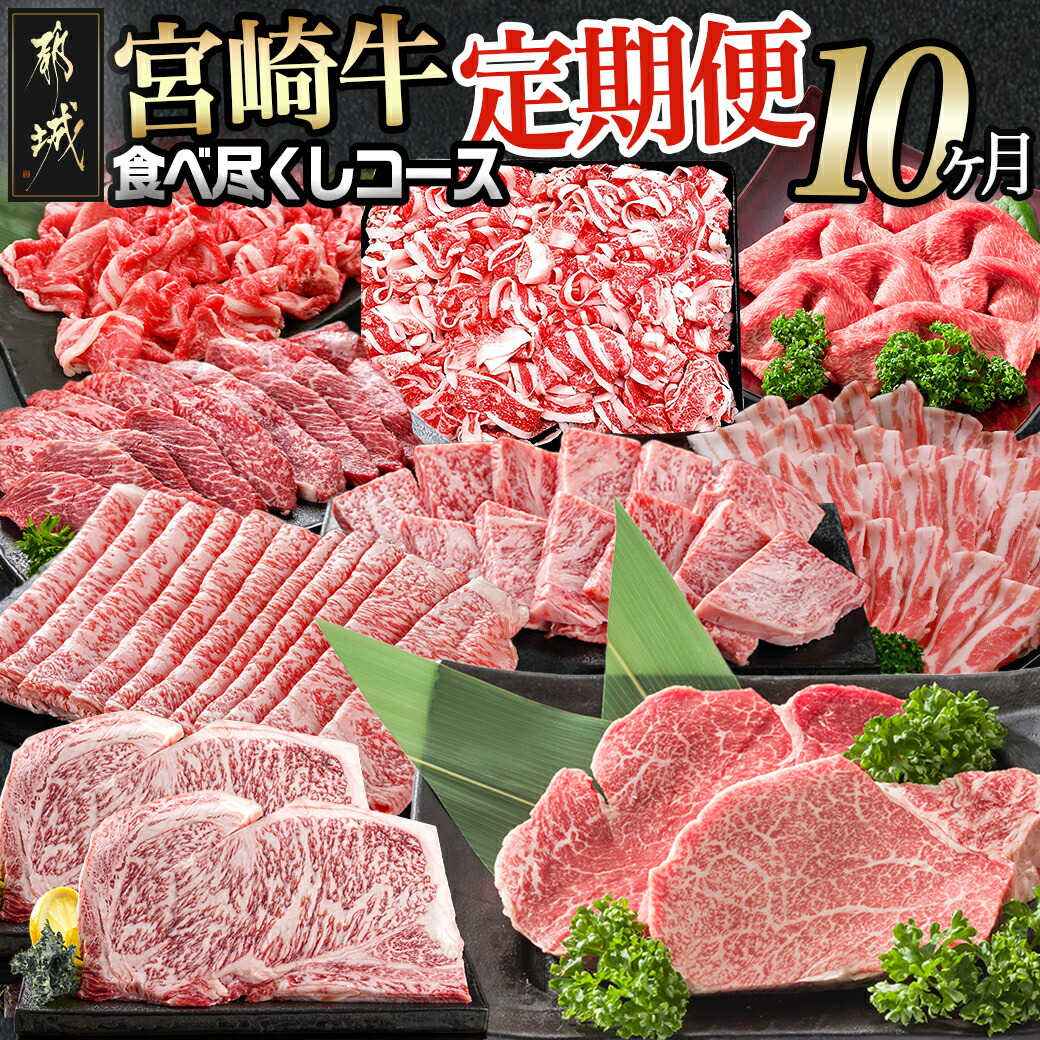 【ふるさと納税】迷ったらコレ！宮崎牛食べ尽くし定期便(10ヶ月) - 牛肉 バラ/赤身/サーロインステーキ/ヒレステーキ/ロース/焼き肉/しゃぶしゃぶ/すき焼き/スライス/切り落とし Mの国黒豚 豚肉 送料無料 T120-0101【宮崎県都城市は2年連続ふるさと納税日本一！】