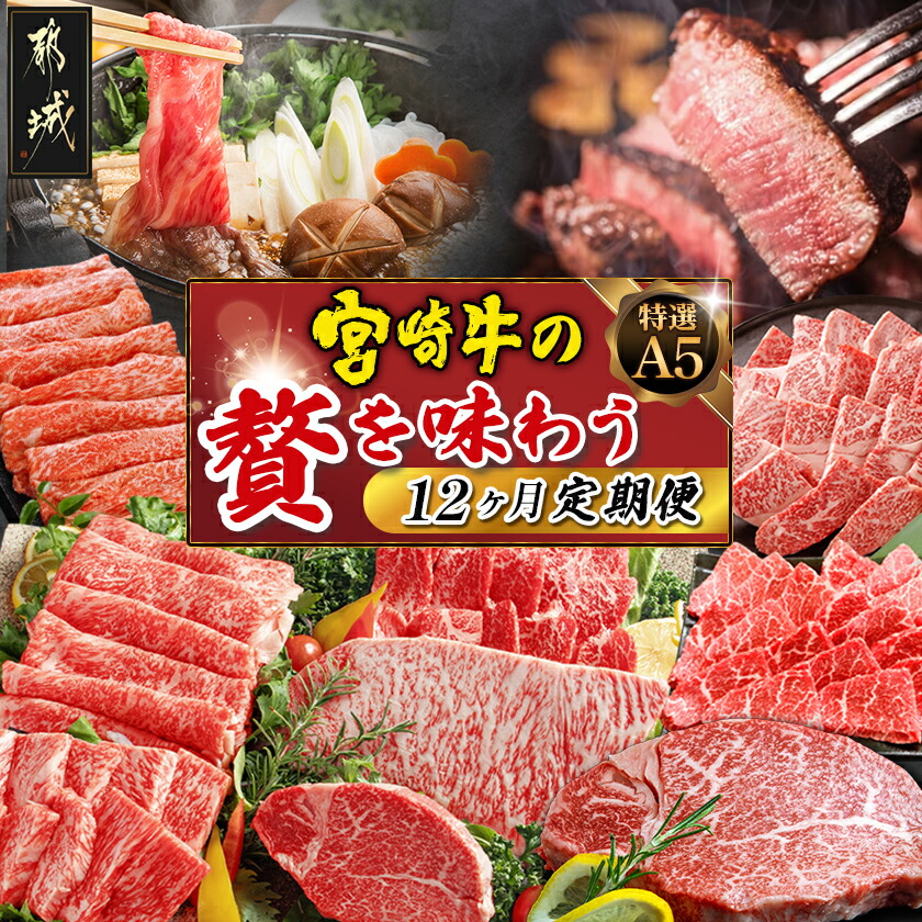 【ふるさと納税】特選(A5)宮崎牛の贅を味わう（12ヶ月定期便） - 宮崎牛 5等級 12ヶ月定期便 サーロイン芯スライス モモスライス シャトーブリアンステーキ 特上モモステーキ ロース焼肉用 ヒレステーキ 送料無料 TAH12-0102【宮崎県都城市は2年連続ふるさと納税日本一！】