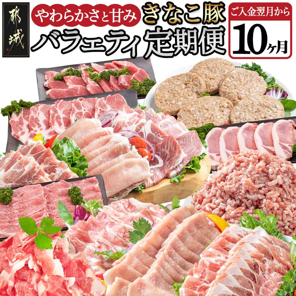 【ふるさと納税】「きなこ豚」バラエティ定期便（10ヶ月） - 宮崎県産豚肉(都城産) 豚バラ/ロース/肩ロース/ウデ・モモ/ミンチ/ハンバーグ/小間切れ/しゃぶしゃぶ/とんかつ/焼き肉/生姜焼き 送料無料 T120-1202【宮崎県都城市は2年連続ふるさと納税日本一！】