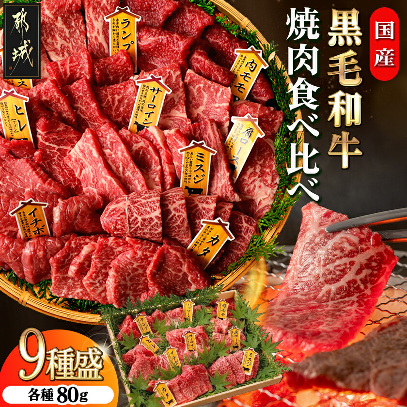 【ふるさと納税】【国産黒毛和牛】焼肉食べ比べ 9種盛 各種80g - 国産黒毛和牛 焼肉用 ヒレ/リブロース/サーロイン/肩ロース/ウチモモ/イチボ/ランプ/カタ/ミスジ 各80g 送料無料 AE-E902【宮崎県都城市は2年連続ふるさと納税日本一！】