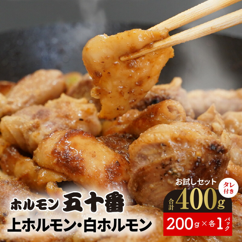 【ふるさと納税】上ホルモン 白ホルモン 各1パック お試しセット ホルモン五十番 特製タレ付き 豚ハラミ 豚直腸 炭火焼 焼き肉 バーベキュー BBQ フライパンで簡単 調理 小分け 便利 冷凍 宮崎県 延岡市 お取り寄せ お取り寄せグルメ 送料無料|宮崎県延岡市