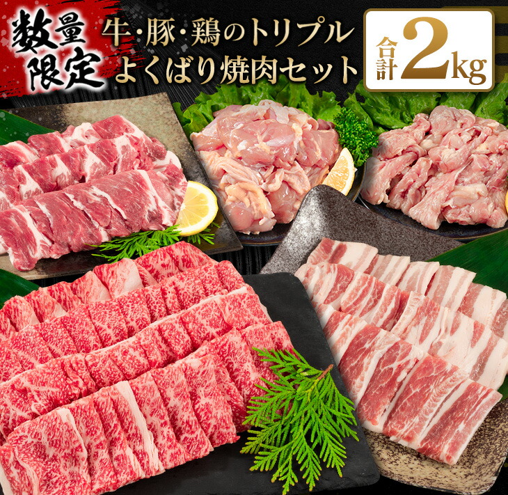 【ふるさと納税】みんなで楽しめる焼肉セット 数量限定 牛肉 豚肉 鶏肉 トリプル よくばり 焼肉 セット 合計2kg 宮崎牛 ブランド牛 黒毛和牛 国産 食品 贅沢 ご褒美 お祝い 人気 おすすめ おかず お弁当 BBQ キャンプ グランピング 詰め合わせ 大満足 宮崎県 日南市 送料無料