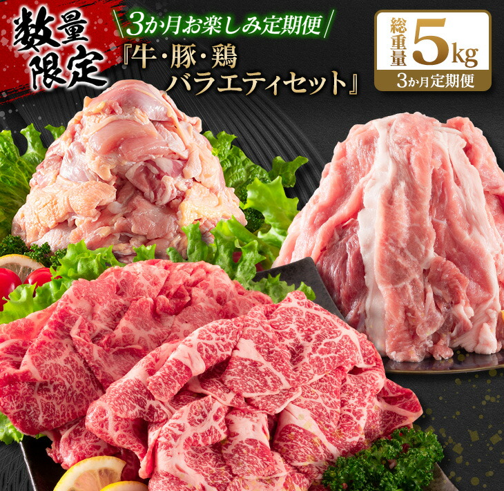 【ふるさと納税】数量限定 3か月 お楽しみ 定期便 牛肉 豚肉 鶏肉 バラエティ セット 総重量5kg 宮崎牛 黒毛和牛 国産 ブランド牛 食品 おかず お弁当 おつまみ 切り落とし 切身 焼肉 からあげ お取り寄せ グルメ 小分け 真空パック おすそ分け 宮崎県 日南市 送料無料