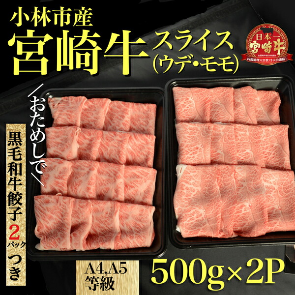 A5等級宮崎牛スライス ウデ モモ 500ｇ ２ｐ おためし黒毛和牛餃子２ｐ付き Web限定
