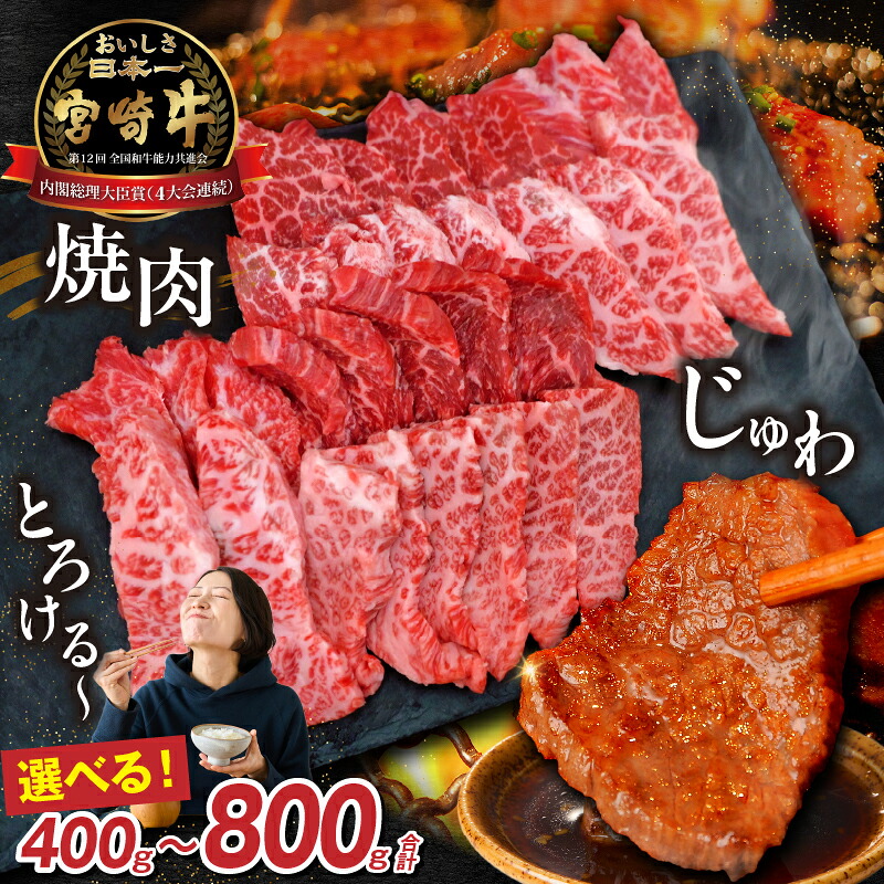 【ふるさと納税】【選べる内容量】【A4等級以上】宮崎牛焼肉400g～800g（内閣総理大臣賞 A4 A5 宮崎牛 牛肉 黒毛和牛 焼肉 赤身 霜降り モモ ロース 宮崎県）｜宮崎県小林市