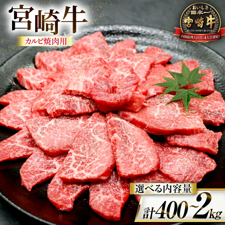【ふるさと納税】 牛肉 宮崎牛 カルビ 焼肉用 選べる内容量 400g ～ 2kg [ローカルブランディング 宮崎県 日向市 452061416] 冷凍 小分け 黒毛和牛 黒毛 A4 A5 焼肉 焼き肉 BBQ バーベキュー 国産｜宮崎県日向市