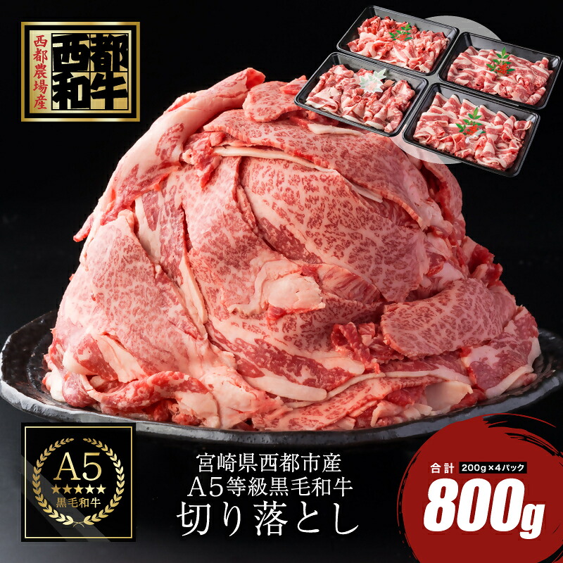 【ふるさと納税】宮崎県産『黒毛和牛』切り落とし【800g】200g&times;4P〈62-1a〉カミチクファーム 国産 牛肉 切り落とし 小分け 送料無料 オレイン酸含有率55%以上＜1.2-19＞｜宮崎県西都市