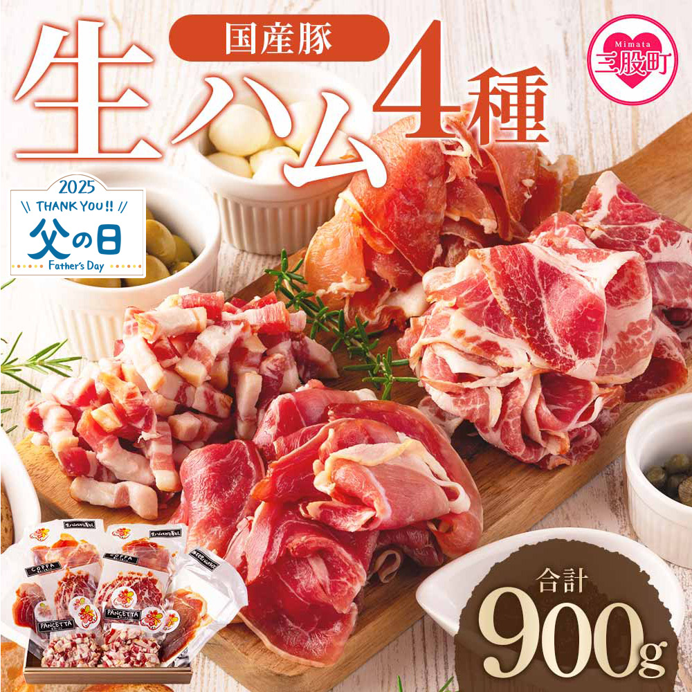 【ふるさと納税】＜国産豚生ハムバラエティー4種セット(計900g)＞ 豚肉 肉加工品 豚モモ 豚バラ 肩肉 スライス 切り落とし パンチェッタ 短冊 コッパスライス サラダ おつまみ 小分け お祝いプレゼント【MI270-pl】【株式会社プラス】