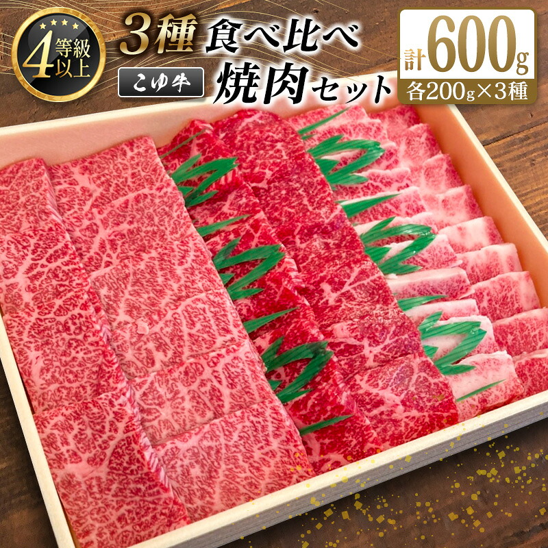 【ふるさと納税】宮崎黒毛和牛＜こゆ牛＞3種食べ比べ 焼肉セット 計600g（カルビ・モモ・バラ）各200g A4等級以上 ブランド牛 牛肉 グランピング BBQ 国産 送料無料｜宮崎県新富町