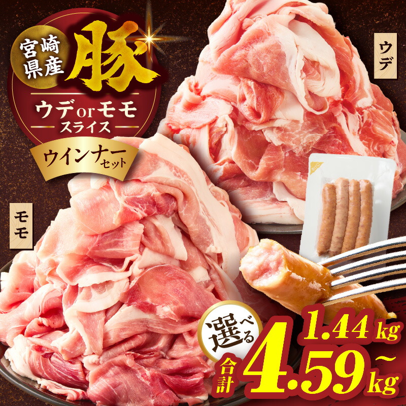 【ふるさと納税】訳あり 【内容量・発送月が選べる】 宮崎県産 豚 スライス (ウデ・モモ) ＆ 粗挽きウインナー セット 合計1.44kg 合計2.34kg 合計4.59kg 肉 豚肉 赤身肉 小分け 詰め合わせ 焼肉 BBQ 国産 人気 おすすめ 豚丼 数量限定 ギフト 冷凍 ミヤチク 都農町 送料無料｜宮崎県都農町