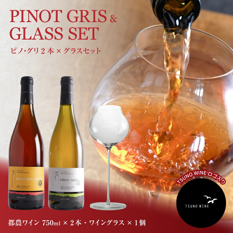 【ふるさと納税】≪数量限定≫ 都農ワイン ピノグリ 2本 ＆ グラス セット 酒 飲料 アルコール 国産 ロナ ぶどう 果実酒 2種 白 オレンジ 飲み比べ おすすめ 肉魚料理 贅沢 ご褒美 晩酌 記念日 お祝い プレゼント ギフト 贈答 贈り物 常温 宮崎県 都農町 送料無料