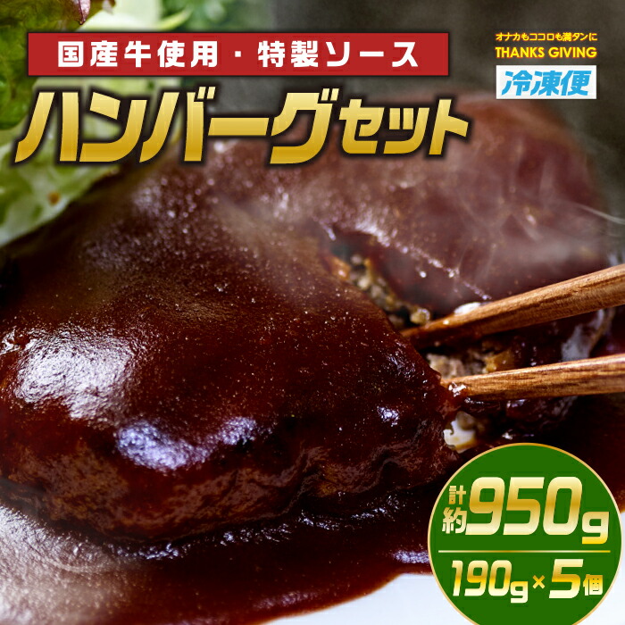 ハンバーグセット(190g×5個 合計950g)自宅で簡単調理!おうちdeレストラン!国産・地元食材にこだわったお店の味をそのまま冷凍バックでお届け!