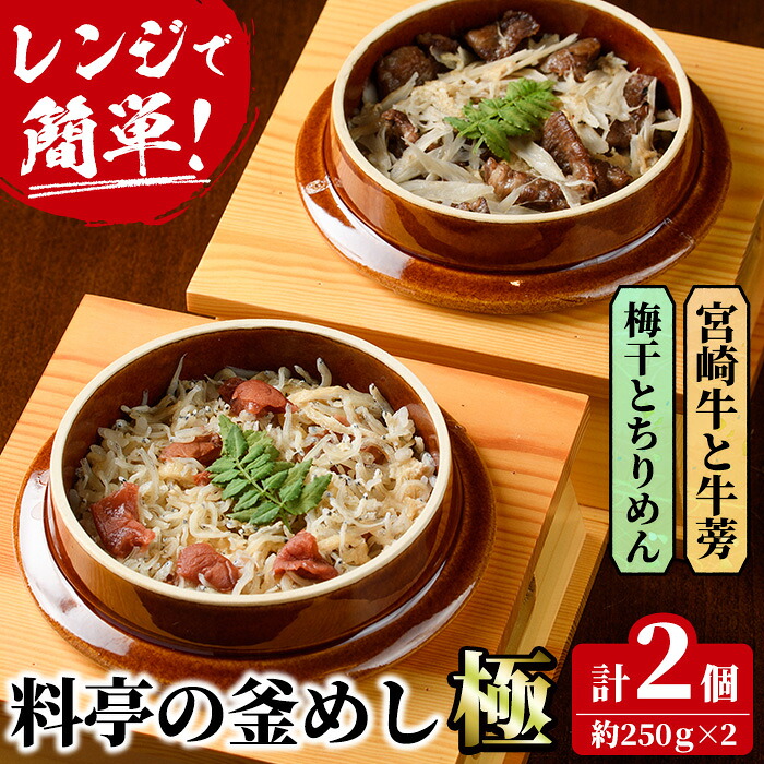 【ふるさと納税】料亭の釜めし・極<宮崎牛と牛蒡><梅干しとちりめん>(2種各1個)釜飯 惣菜 時短 お取り寄せ グルメ 詰め合わせ セット 冷凍【TW-3】【魚甚閣 常若】