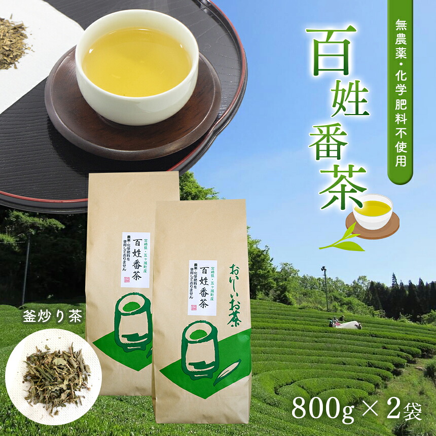 【ふるさと納税】無農薬 ・ 化学肥料不使用　百姓番茶 （ 釜炒り茶 ） 2袋セット 1,600g | 有機JAS 認定 家庭用 茶農家 の まかない 茶 大容量 たっぷり 緑茶 番茶 天皇杯受賞 宮崎県 五ヶ瀬町