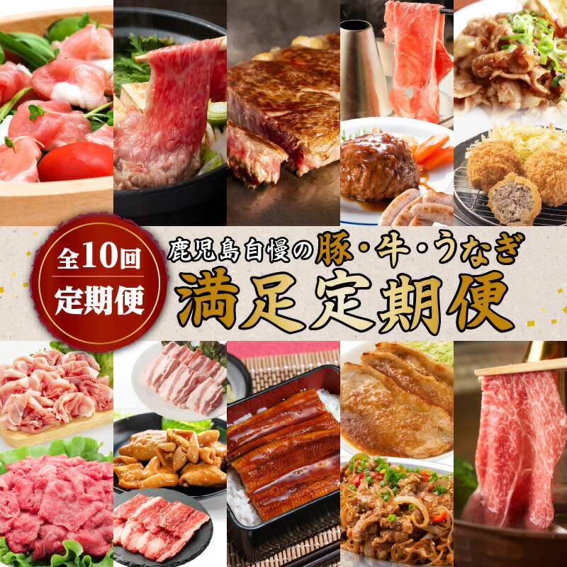 【ふるさと納税】【 全10回 定期便 】 鹿児島 自慢の 豚 ・ 牛 ・ うなぎ 「 満足 定期便 」 鹿児島市 鹿児島県産 九州 黒豚 黒毛和牛 ロースステーキ ハンバーグ 生ハム 黒豚ソーセージ ソーセージ すき焼き しゃぶしゃぶ 切落し カルビ 味噌 もつ ホルモン 肉